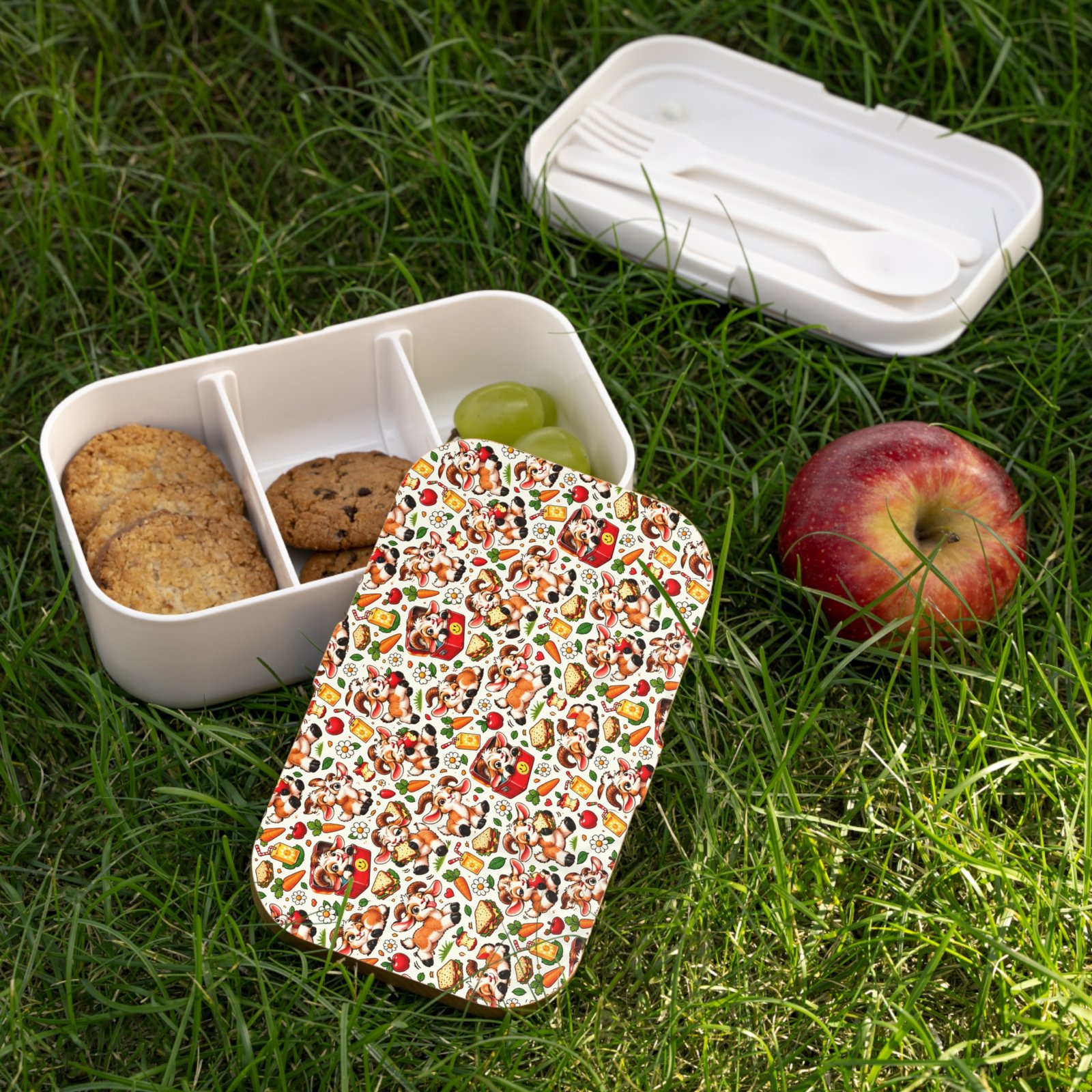 Cute Goat Pattern Bento Lunch Box, Lunch Box with Cutlery and Dividers, Goat Lover Gift, Picnic Lunch Box, Gift for Her, Farm Animal Gift - Image 5