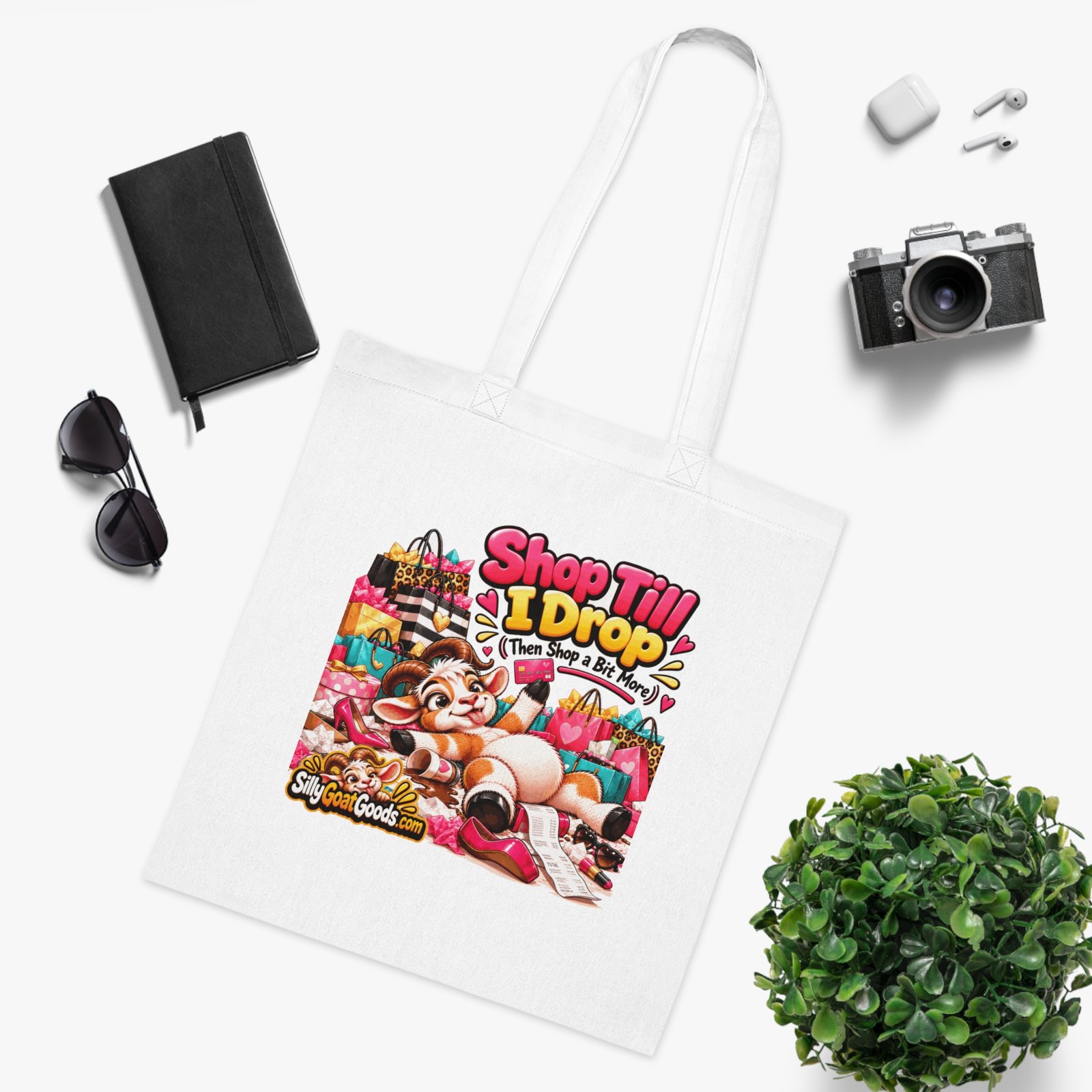 Shop Till I Drop (Then Shop a Bit More) Tote Bag, Funny Goat Cotton Shopping Bag, Shopaholic Gift, Gift for Her - Image 3