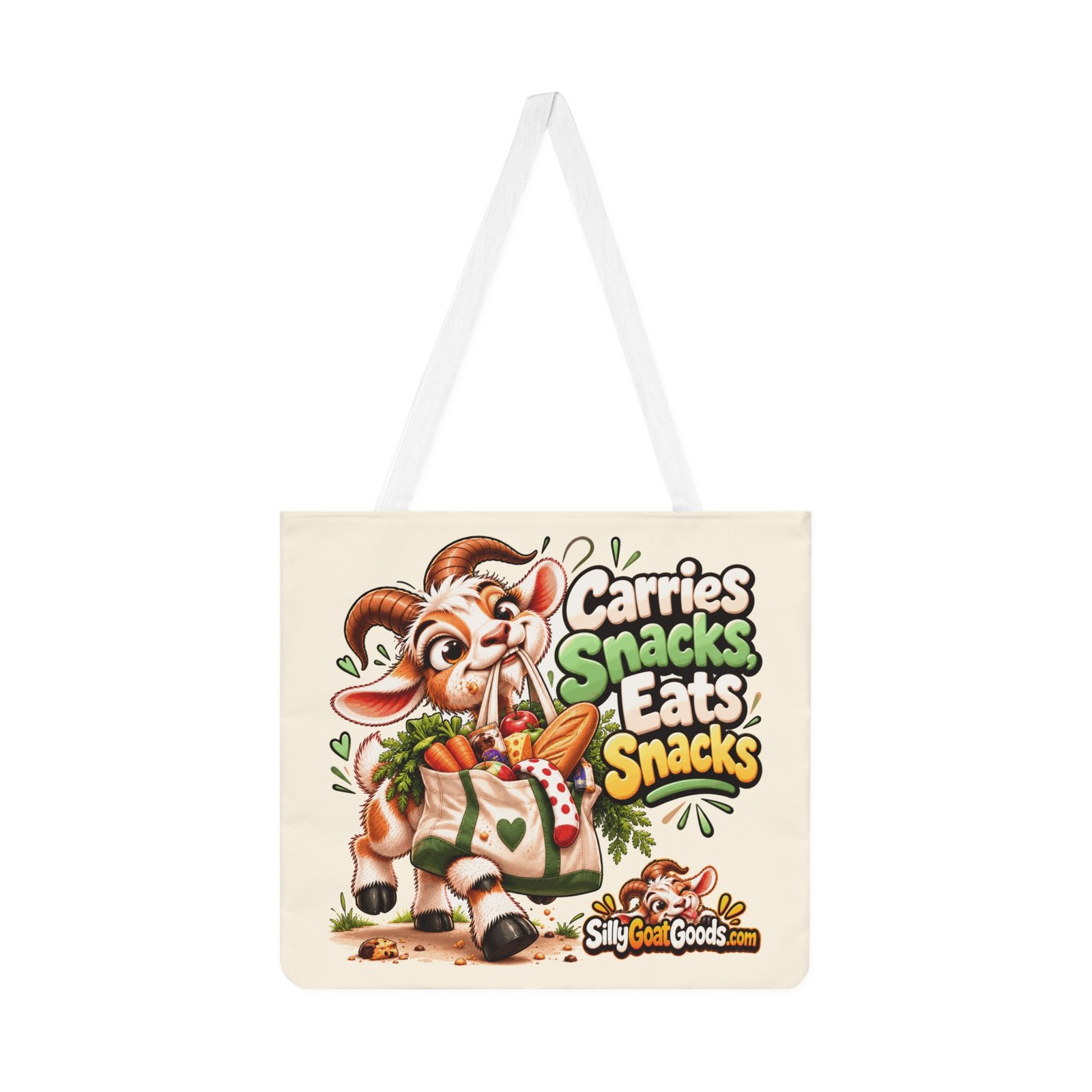 Carries Snacks, Eats Snacks Shoulder Tote Bag, Funny Goat All Over Print Cotton Bag, Snack Lover Gift, Gift for Her