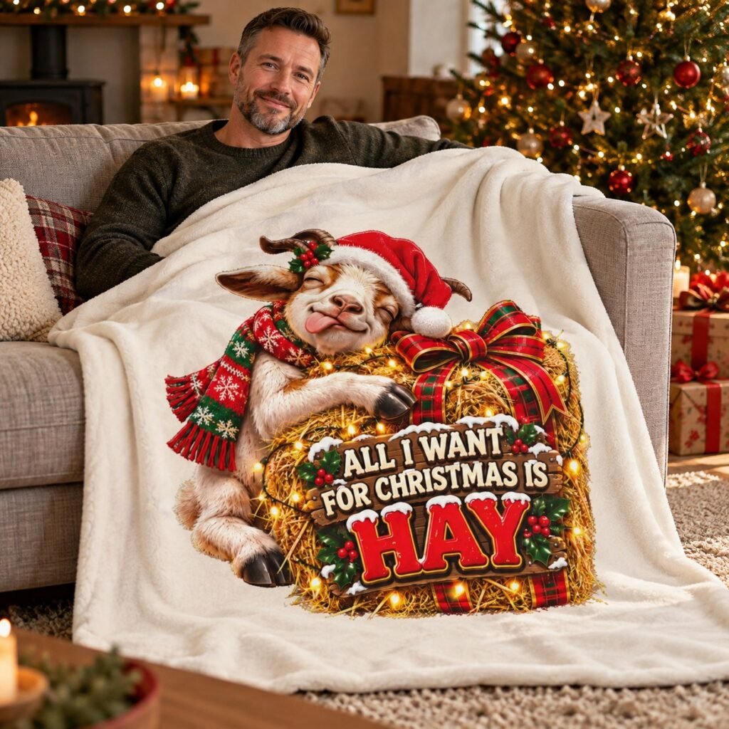 Person relaxing on a sofa with the All I Want For Christmas Is Hay Goat Blanket