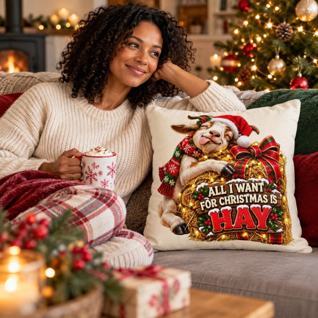 The All I Want For Christmas Is Hay Goat Cushion on a sofa in a cosy living room