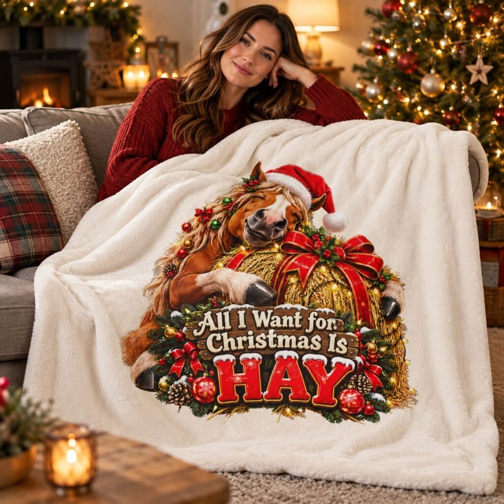 Person relaxing on a sofa with the All I Want For Christmas Is Hay Horse Blanket