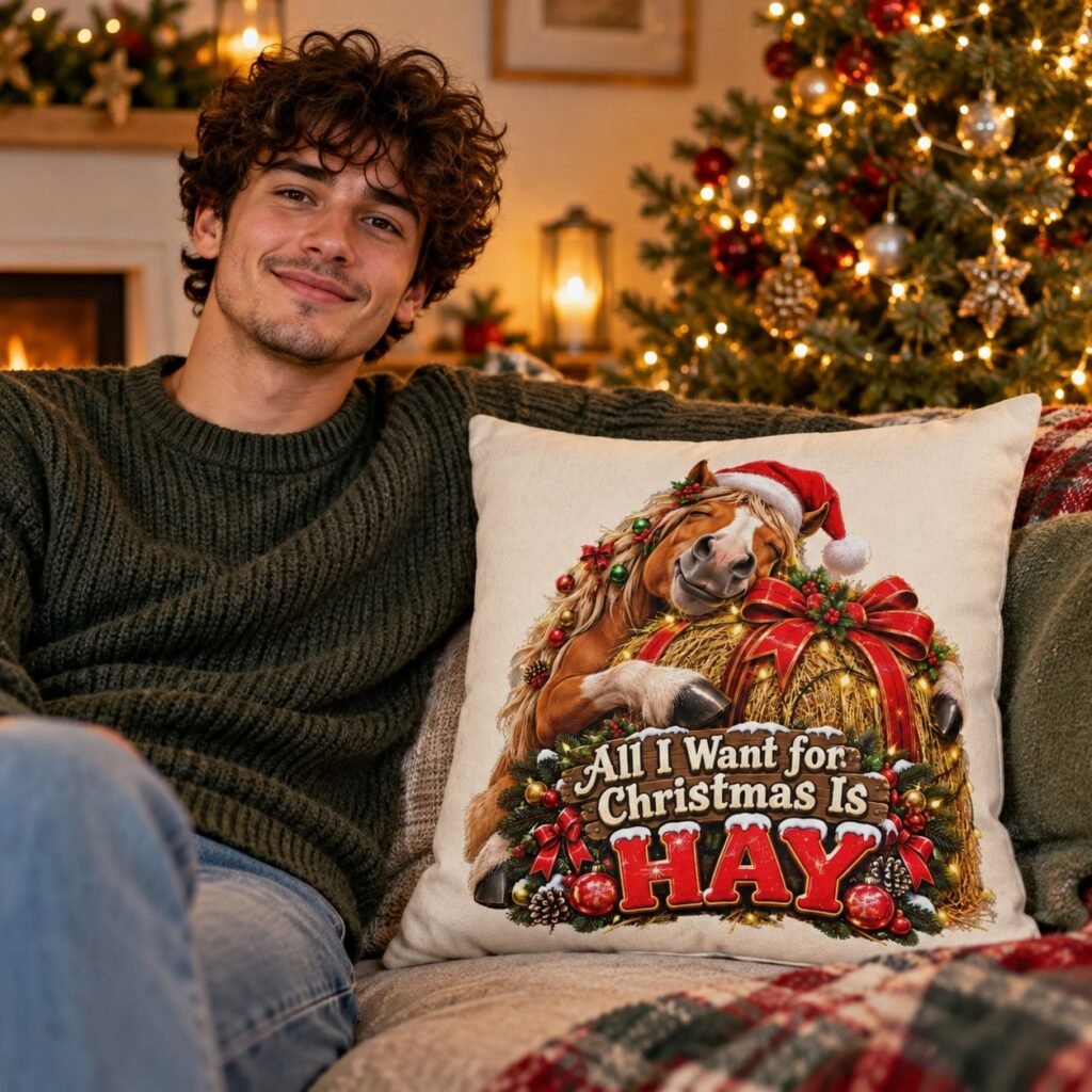 The All I Want For Christmas Is Hay Horse Cushion on a sofa in a cosy living room