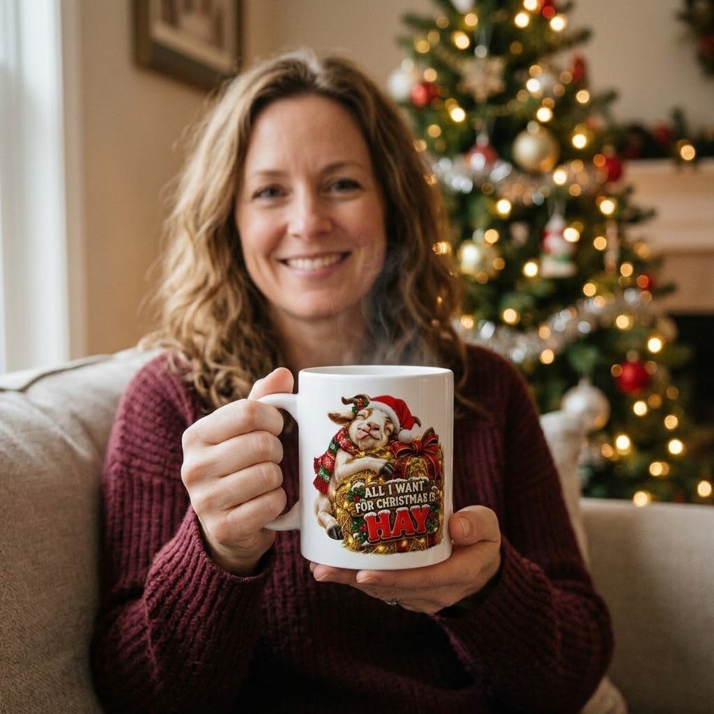 Person holding the All I Want for Christmas Is Hay Mug – Goat
