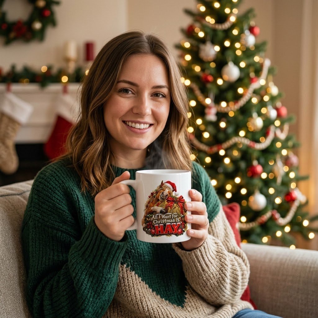 Person holding the All I Want for Christmas Is Hay Mug – Horse