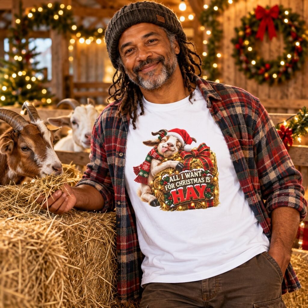 Man wearing the All I Want for Christmas Is Hay T-Shirt – Goat