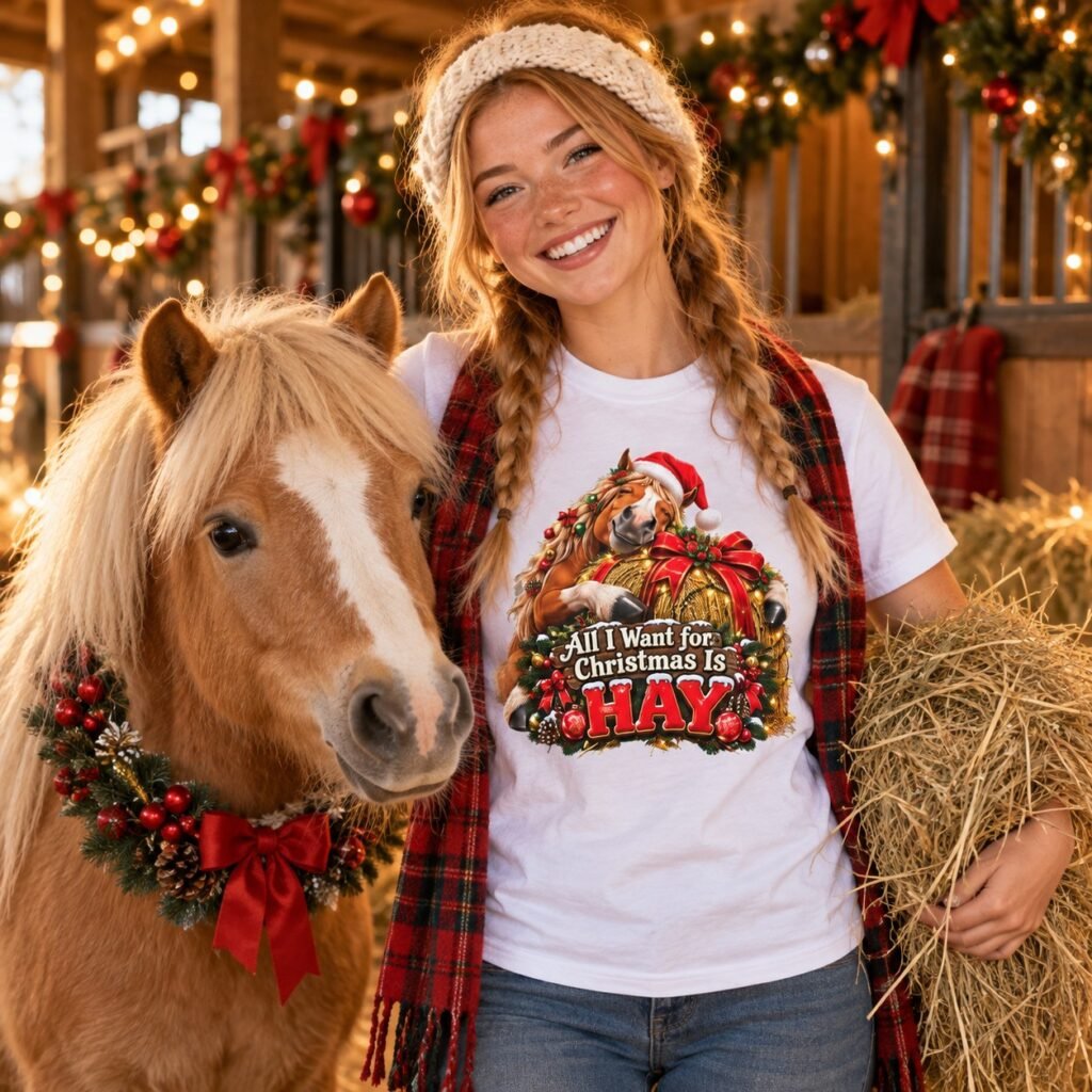 Woman wearing the All I Want for Christmas Is Hay T-Shirt – Horse