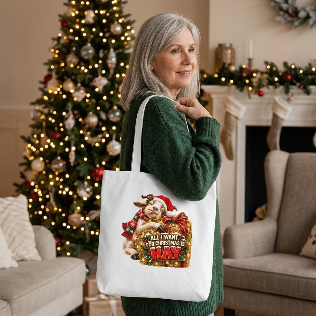 Person carrying the All I Want for Christmas Is Hay Tote Bag – Goat over the shoulder