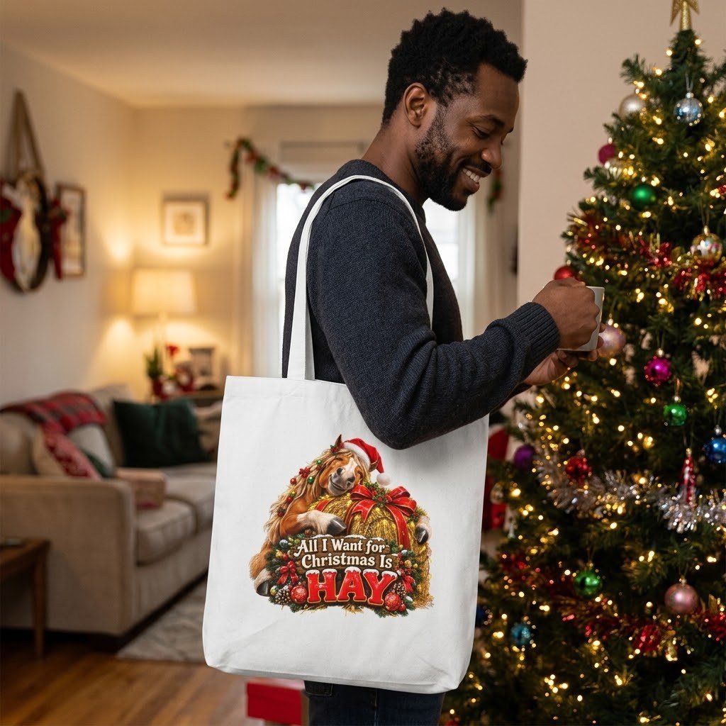 Person carrying the All I Want for Christmas Is Hay Tote Bag – Horse over the shoulder
