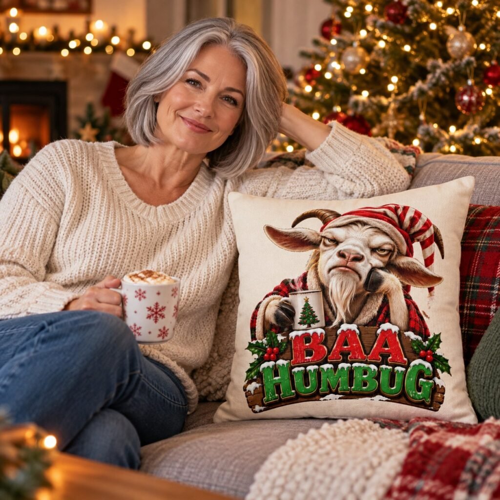 The Baa Humbug Christmas Cushion on a sofa in a cosy living room