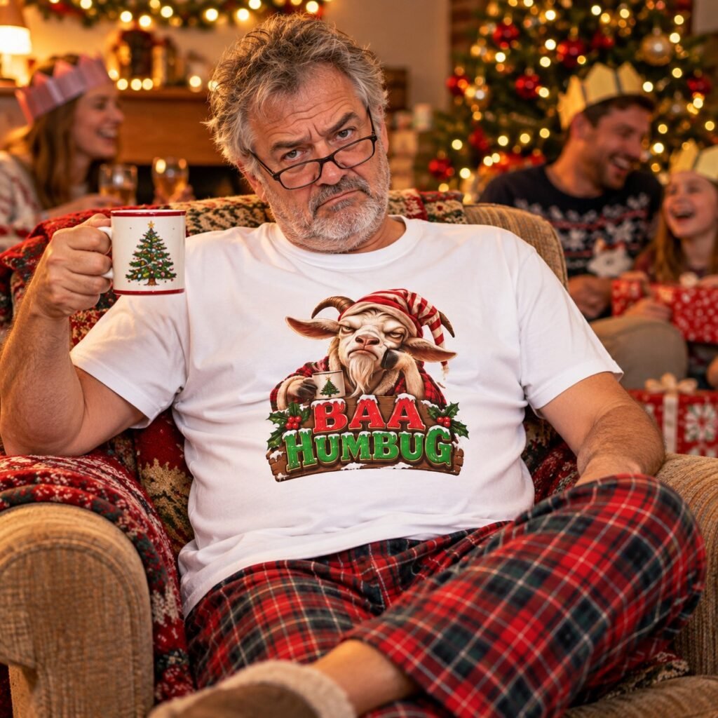 Man wearing the Baa Humbug T-Shirt