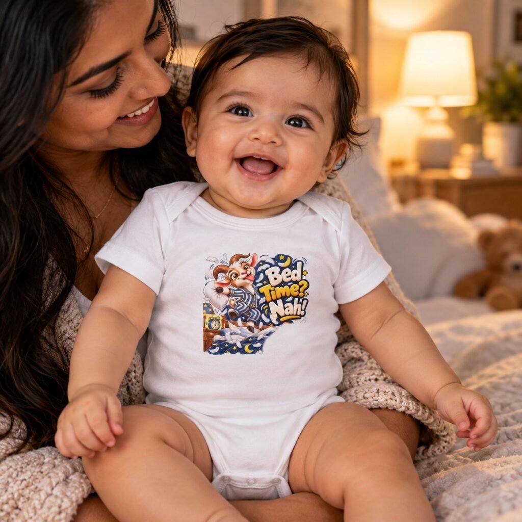 Baby wearing the Bed Time Nah Baby Bodysuit