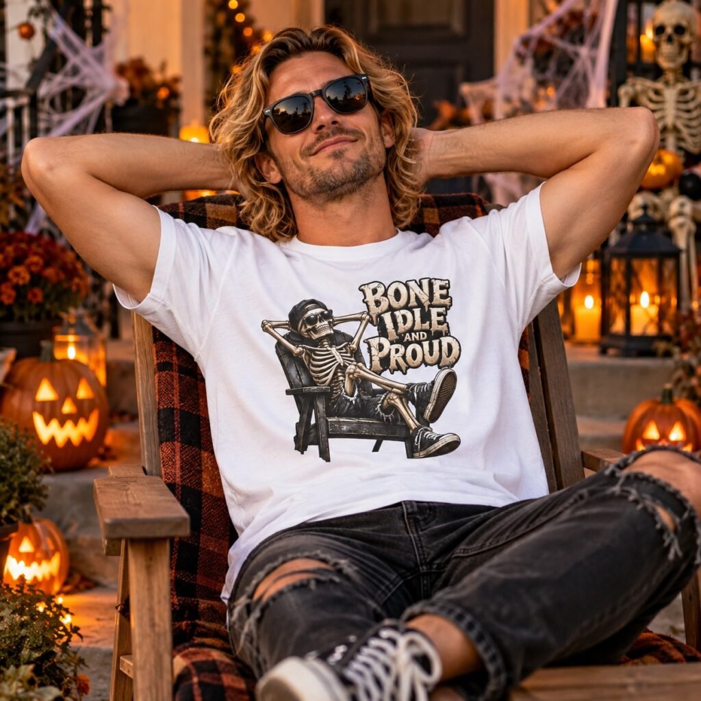 Man wearing the Bone Idle and Proud Skeleton T-Shirt