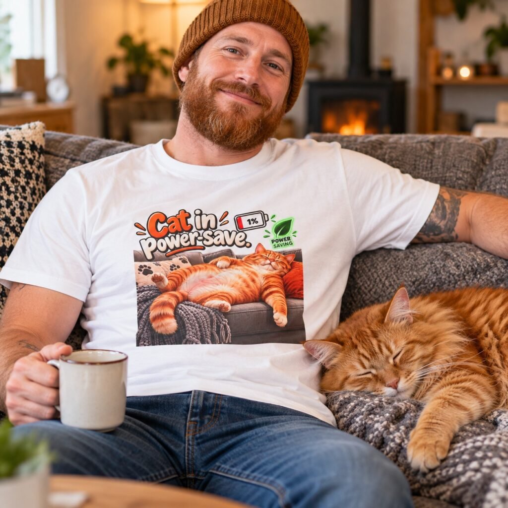 Man wearing the Cat in Power Save Mode T-Shirt