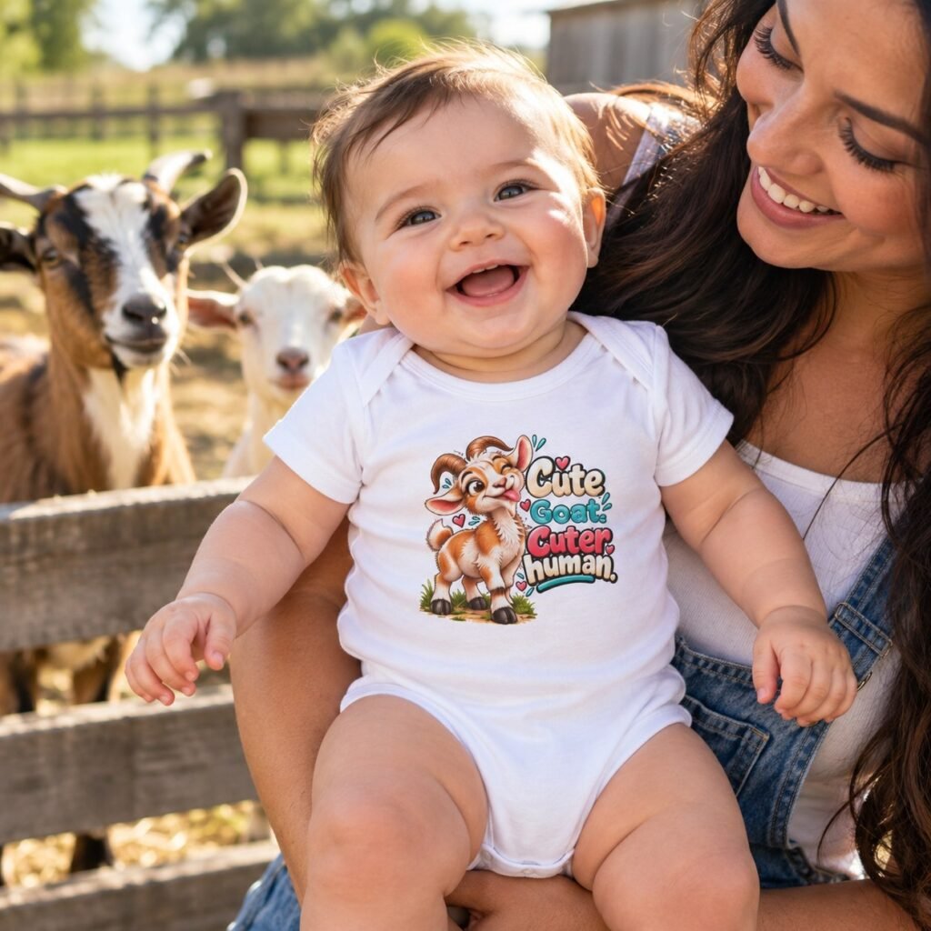 Baby wearing the Cute Goat Cuter Human bodysuit, held by a parent