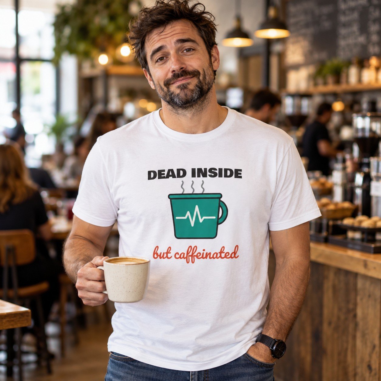 Man wearing the Dead Inside But Caffeinated T-Shirt