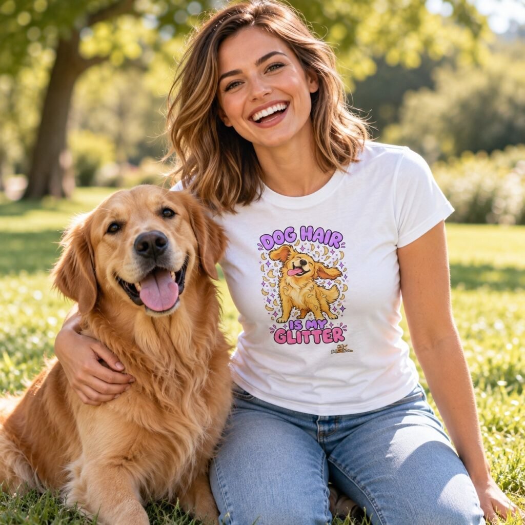 Woman wearing the Dog Hair Is My Glitter Funny Dog Mum T-Shirt