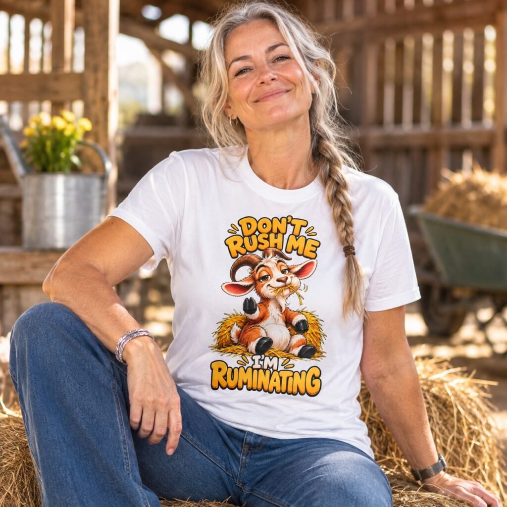 Woman wearing the Don't Rush Me I'm Ruminating Funny Goat T-Shirt