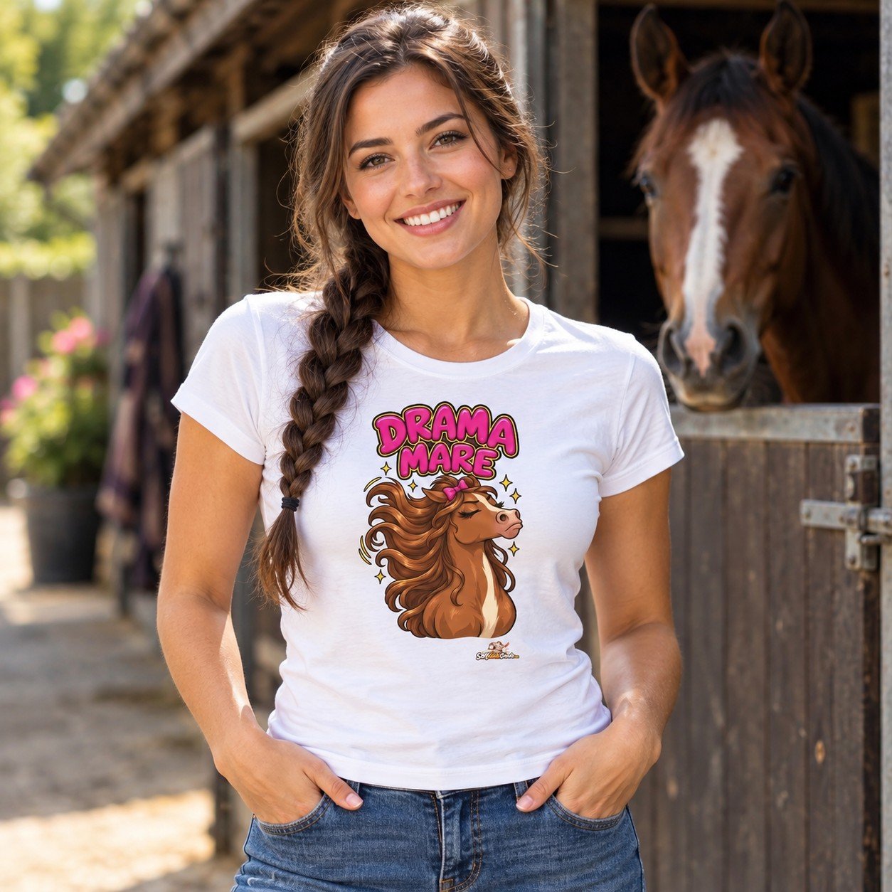 Woman wearing the Drama Mare Funny Horse T-Shirt for Women