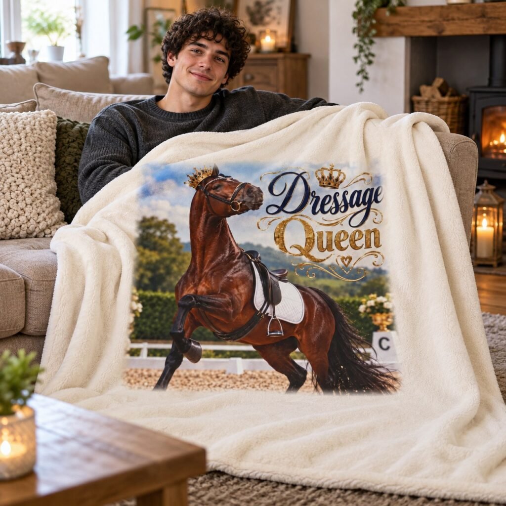 Person relaxing on a sofa with the Dressage Queen Blanket