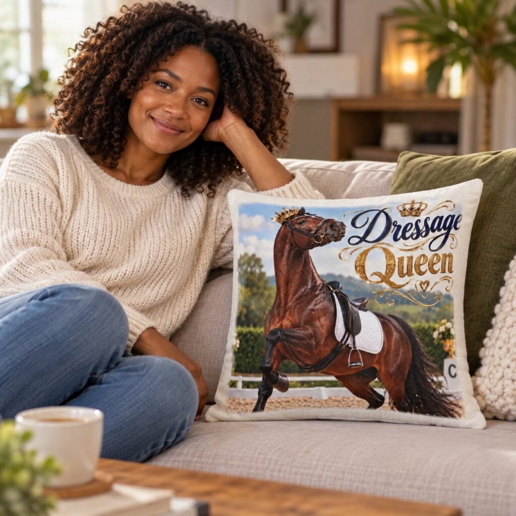 The Dressage Queen Cushion on a sofa in a cosy living room