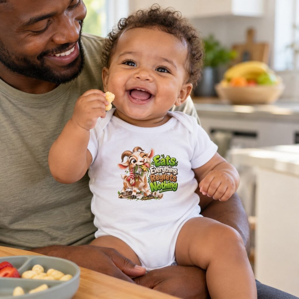Baby wearing the Eats Everything Regrets Nothing Baby Bodysuit
