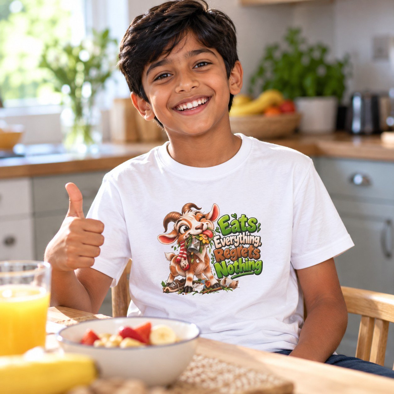 Child wearing the Eats Everything Regrets Nothing kids t-shirt