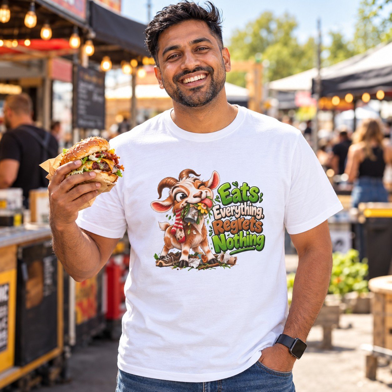 Man wearing the Eats Everything Regrets Nothing T-Shirt
