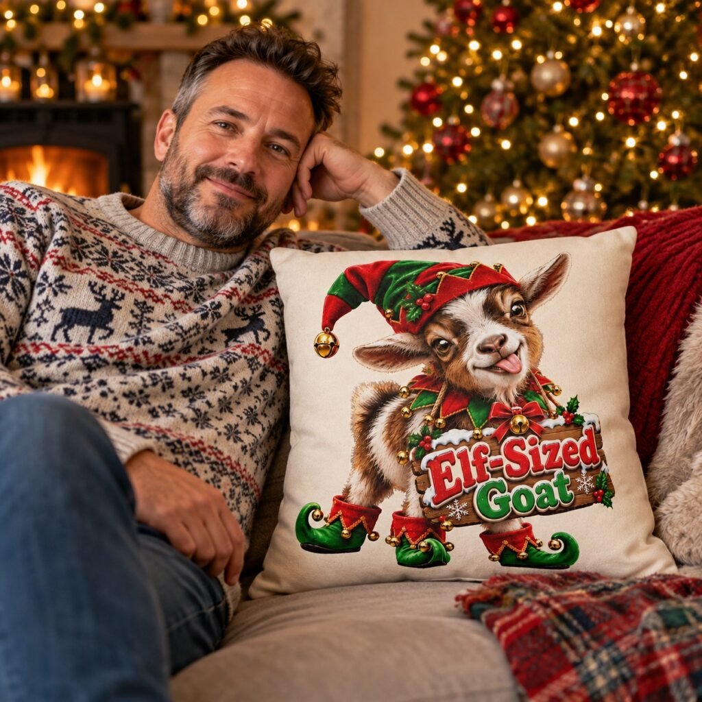 The Elf-Sized Goat Christmas Cushion on a sofa in a cosy living room