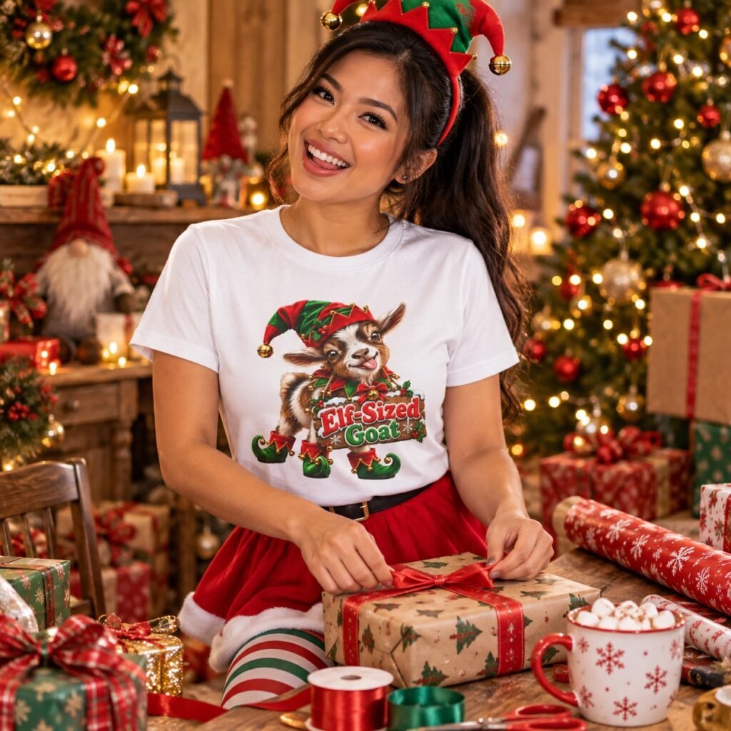 Woman wearing the Elf-Sized Goat T-Shirt