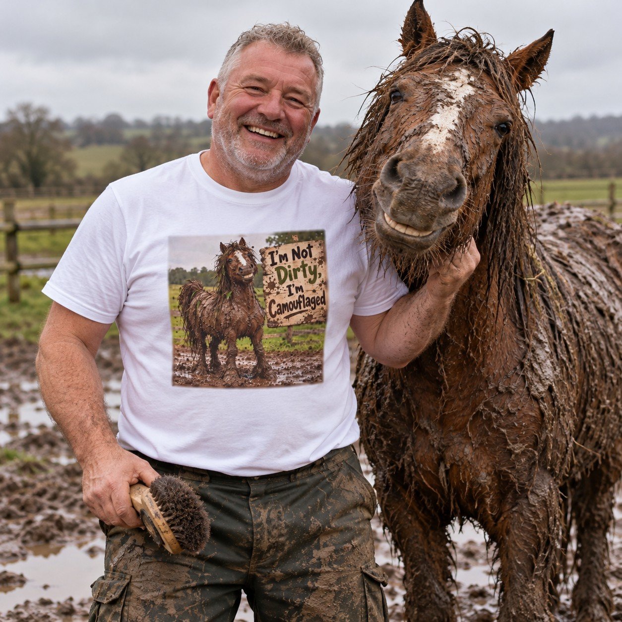 Horse owner wearing the Funny Muddy Horse T-Shirt