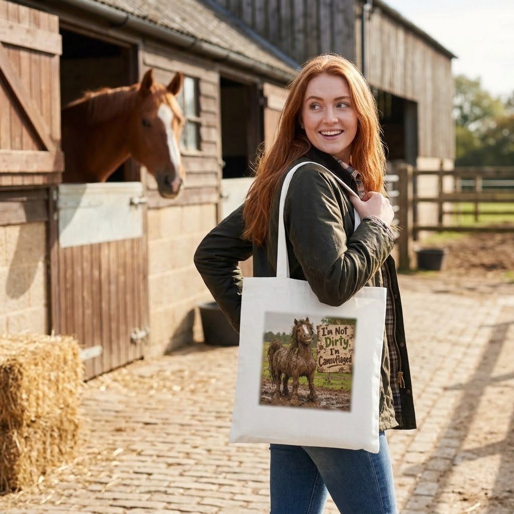 Person carrying the Funny Muddy Horse Tote Bag over the shoulder