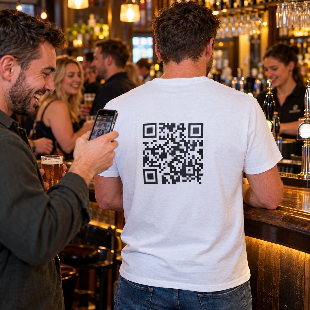 Man wearing the Funny QR Code Back Print T-Shirt