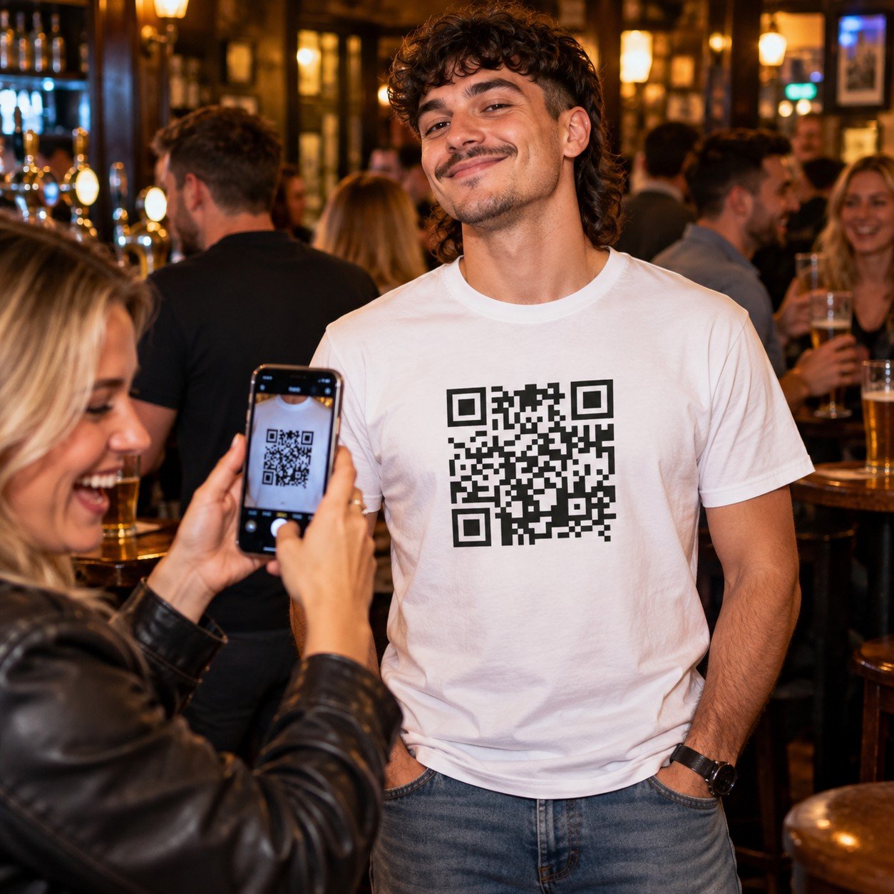 Man wearing the Funny QR Code T-Shirt – Hidden Rude Message Shirt
