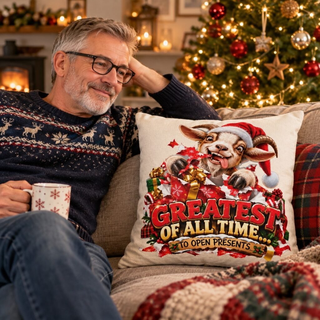 The GOAT Greatest Of All Time To Open Presents Christmas Cushion on a sofa in a cosy living room