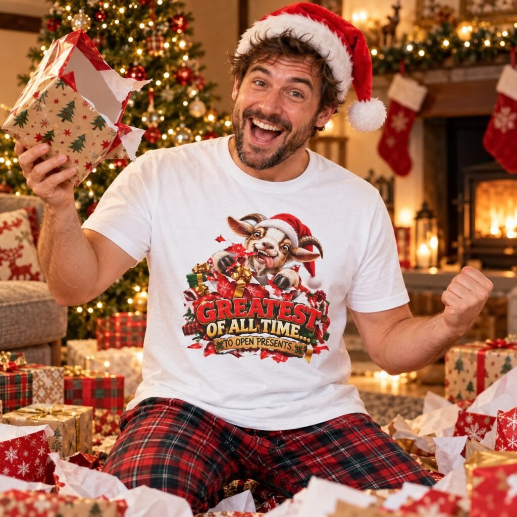 Man wearing the GOAT Greatest Of All Time To Open Presents T-Shirt