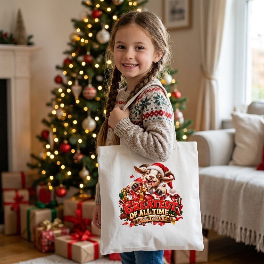 Girl carrying the GOAT Greatest Of All Time To Open Presents tote bag by a Christmas tree