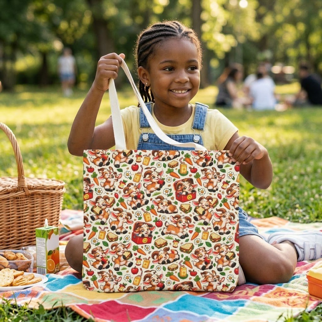 Person carrying the Goat Lunch Pattern Shoulder Tote Bag over the shoulder