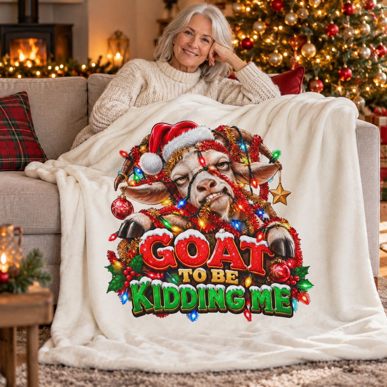Person relaxing on a sofa with the Goat To Be Kidding Me Christmas Blanket