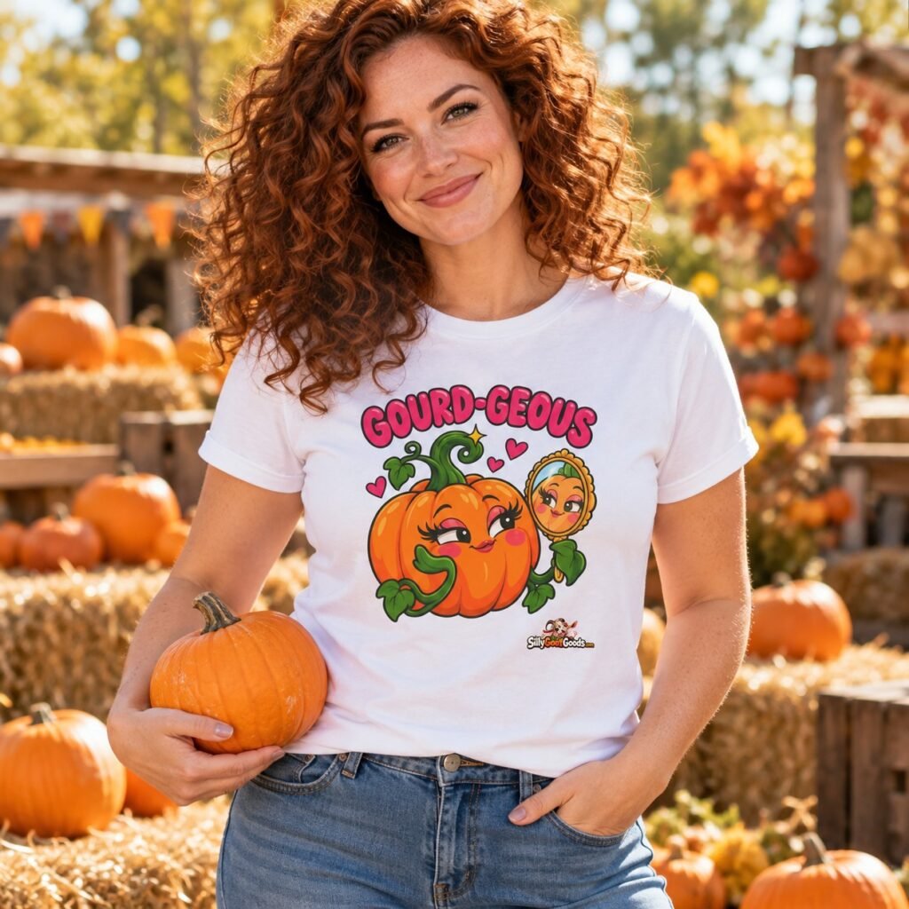 Woman wearing the Gourd-geous Funny Pumpkin Halloween T-Shirt