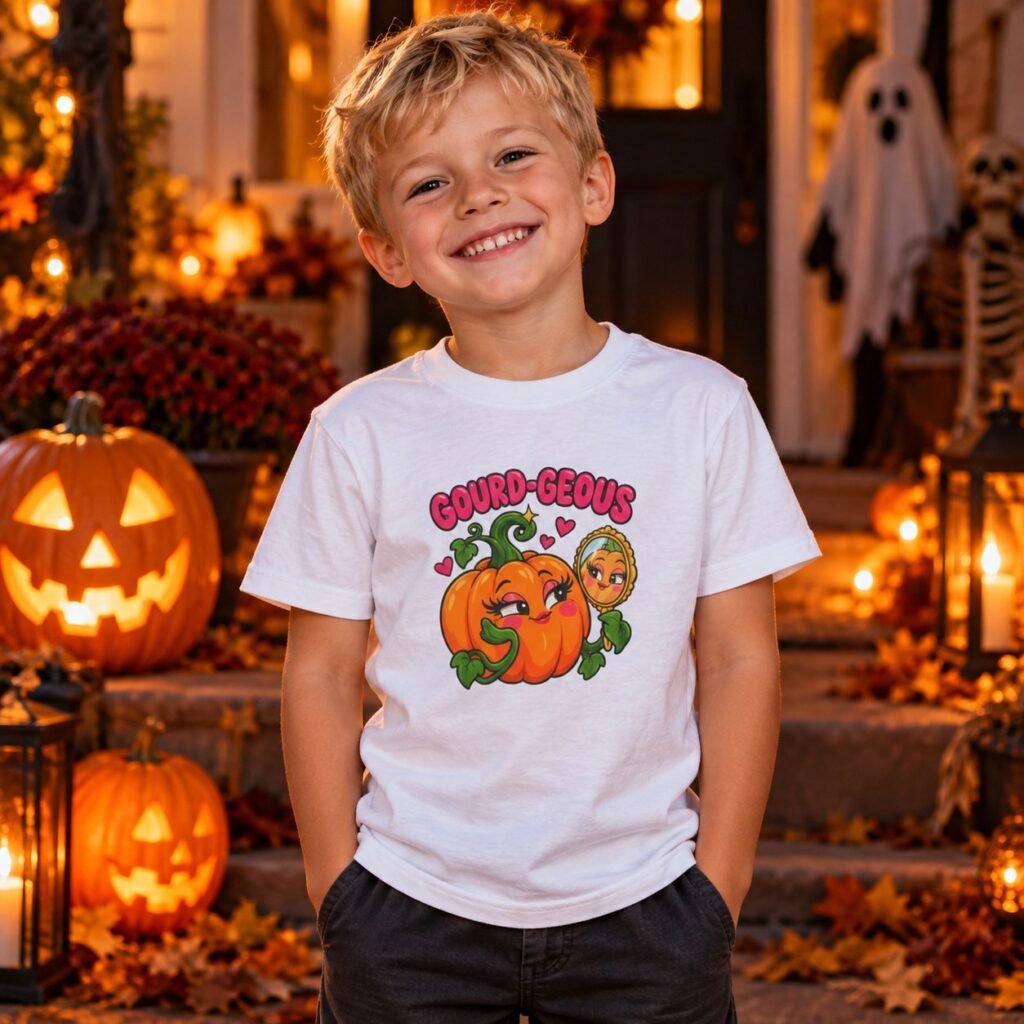 Child wearing the Gourd-geous Kids Halloween T-Shirt