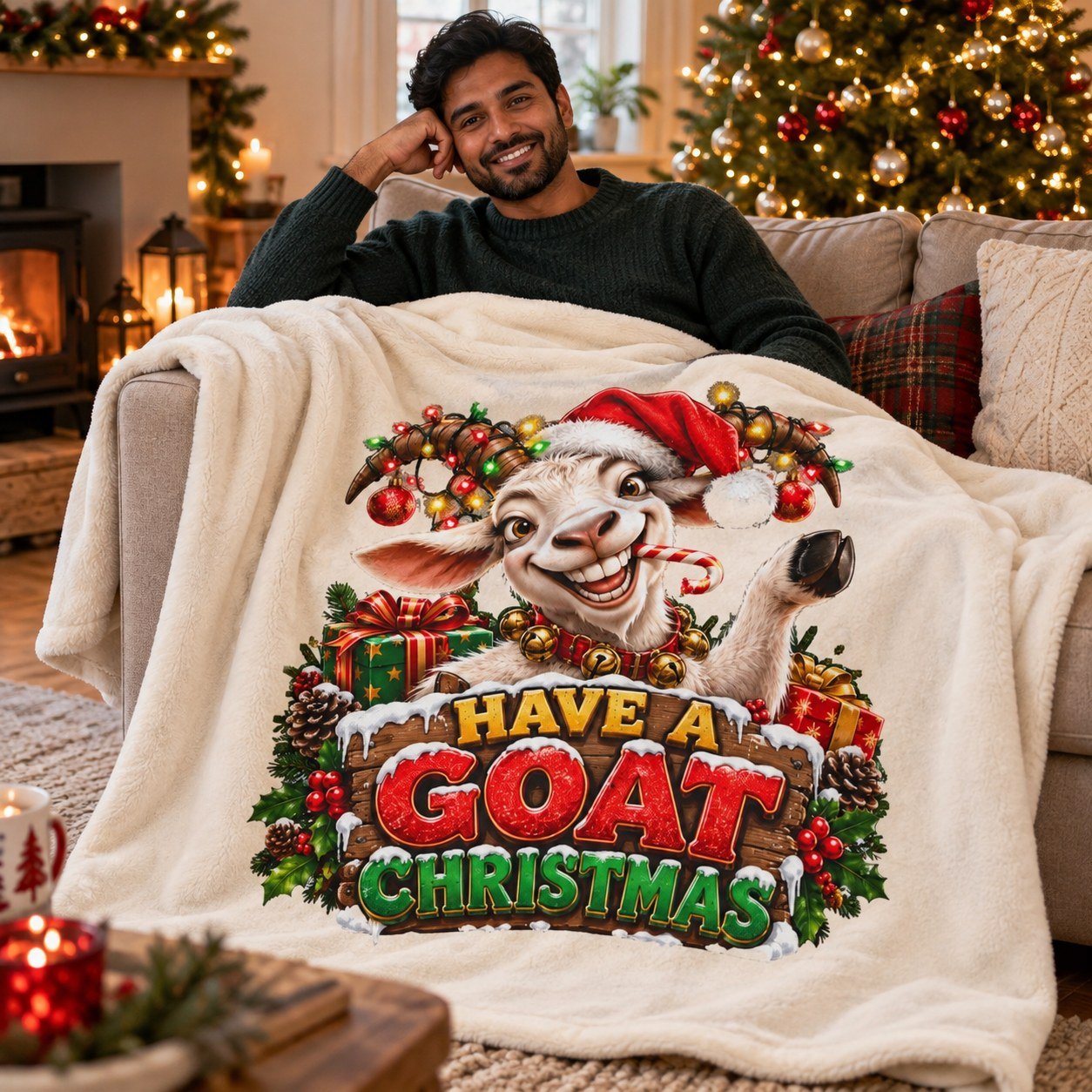 Person relaxing on a sofa with the Have A Goat Christmas Blanket
