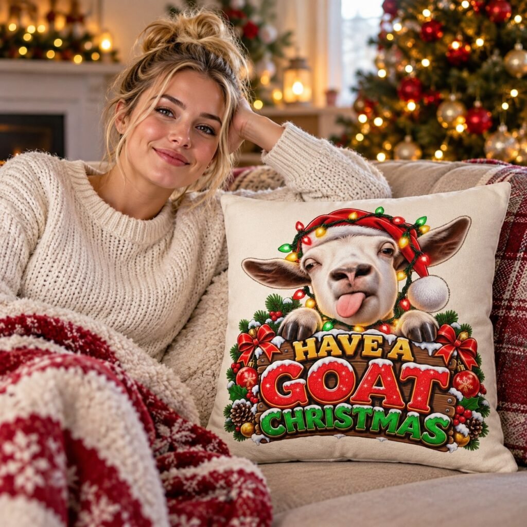 The Have A Goat Christmas Cheeky Goat Cushion on a sofa in a cosy living room