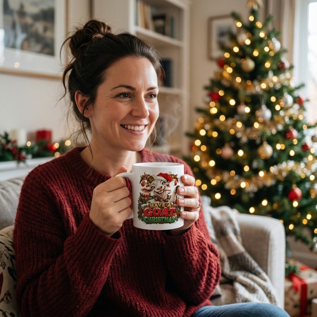 Person holding the Have A Goat Christmas Mug – Funny