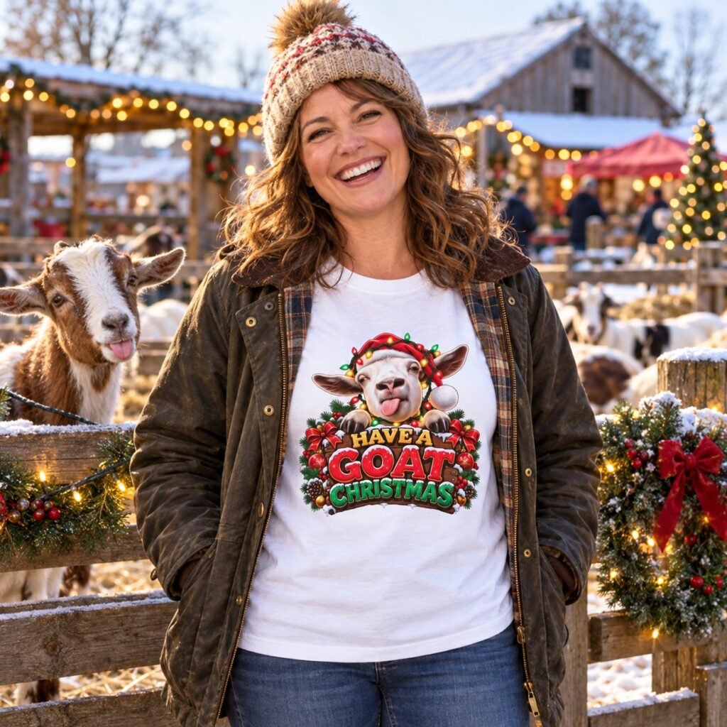 Woman wearing the Have A Goat Christmas T-Shirt – Cheeky