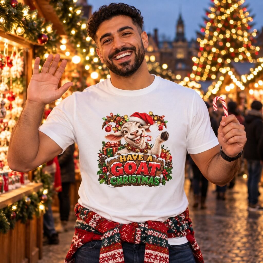 Man wearing the Have A Goat Christmas T-Shirt – Funny
