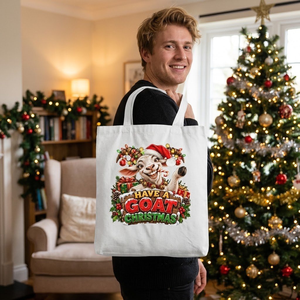 Person carrying the Have A Goat Christmas Tote Bag – Funny over the shoulder