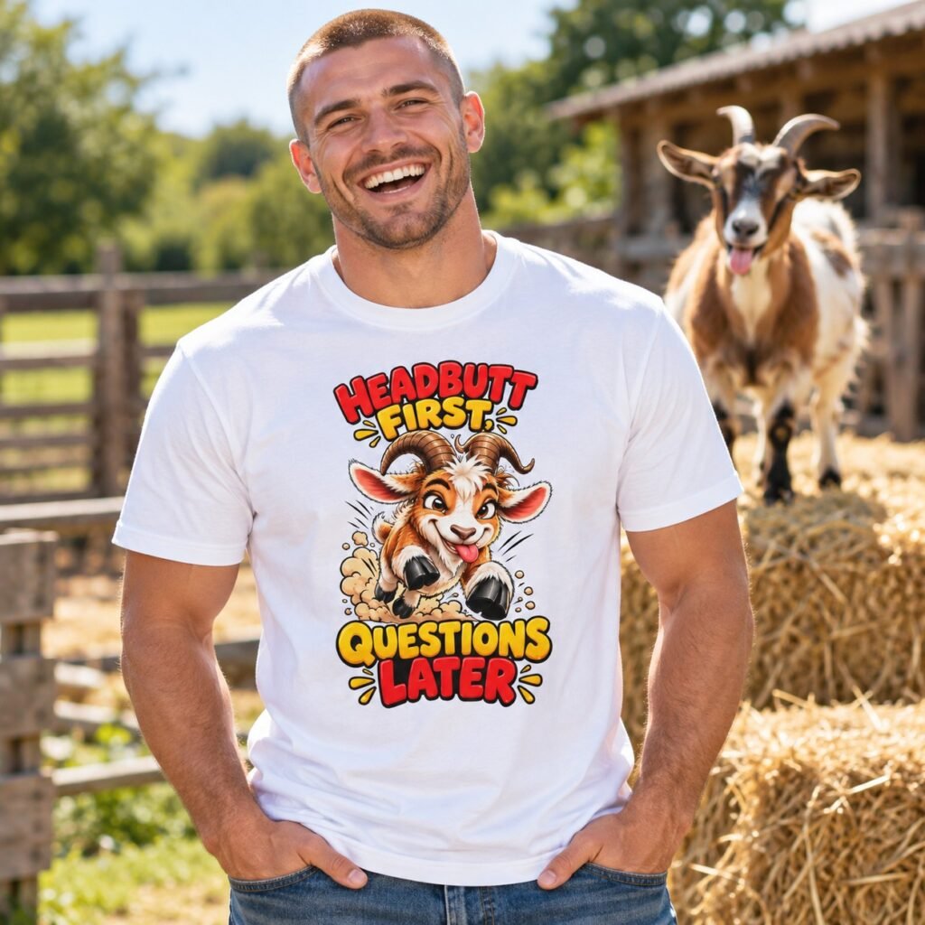 Man wearing the Headbutt First Questions Later Funny Goat T-Shirt