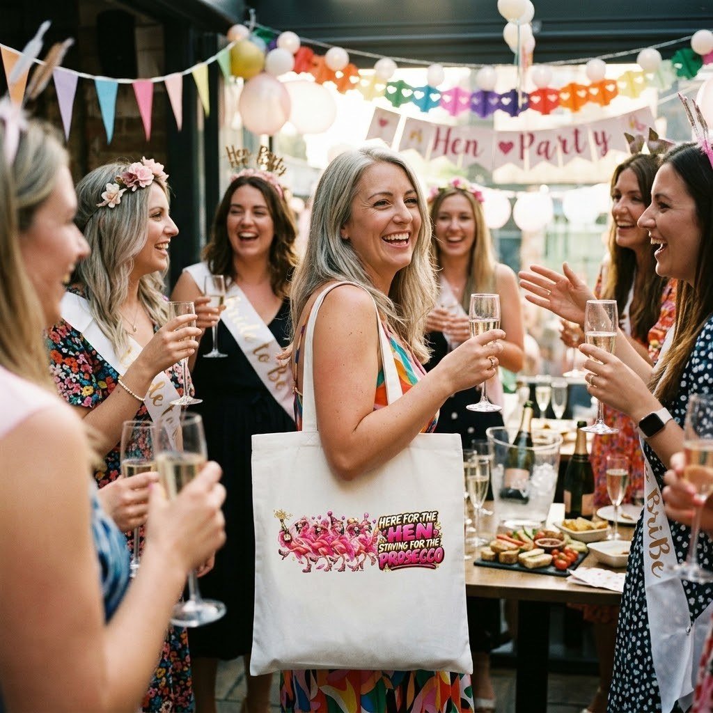 Person carrying the Here For The Hen Staying For The Prosecco Tote Bag over the shoulder