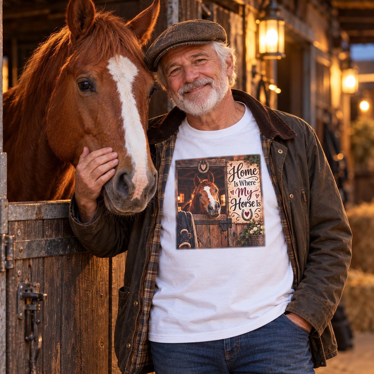 Horse owner wearing the Home Is Where My Horse Is T-Shirt